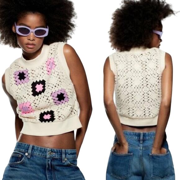 Zara Sleeveless Crochet Cropped Sweater in Ivory size Small NWT - Picture 2 of 4